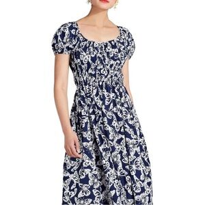 Navy and White Butterfly Print Dress